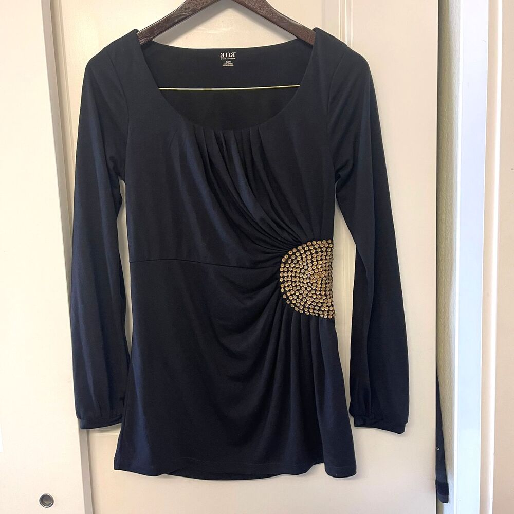 Ana Women's Chic Black Ruched Waist Tunic Top Gold Embellishment Blouse Size S - Picture 2 of 9